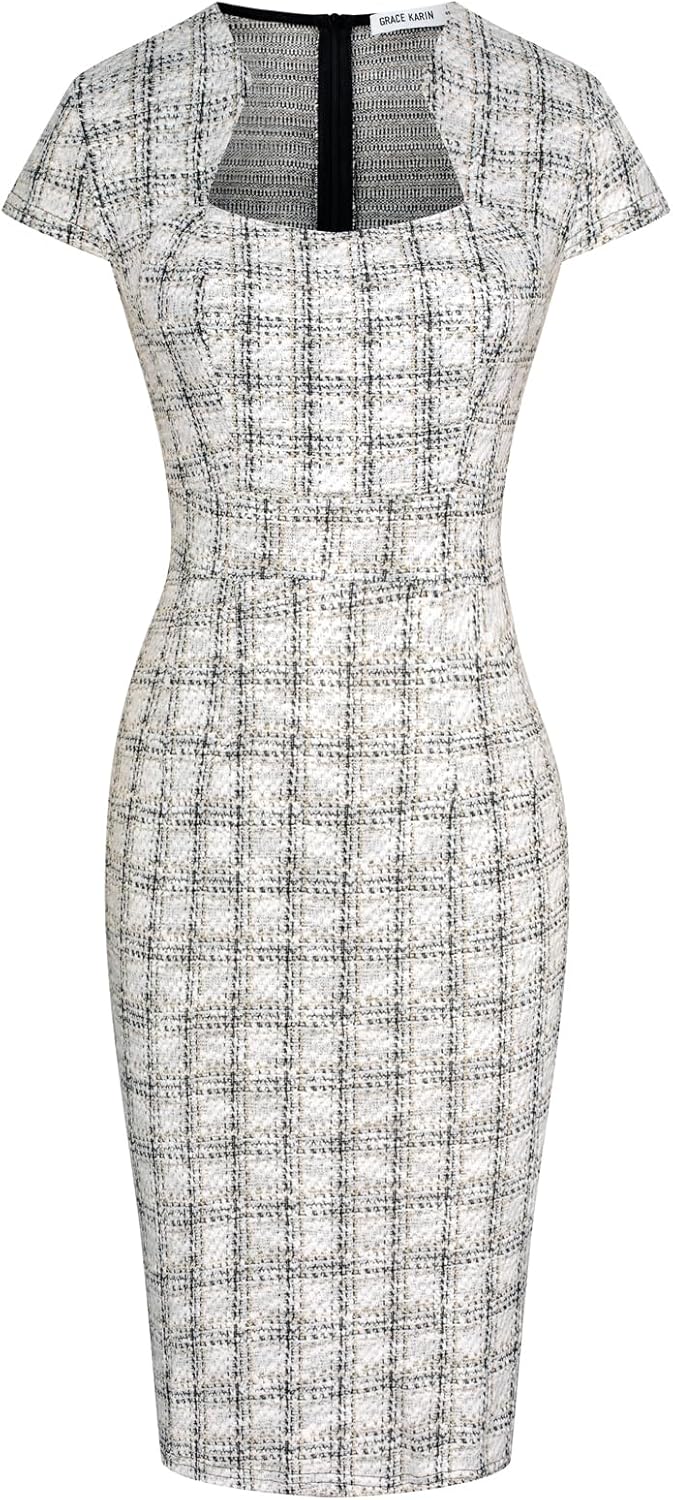 GRACE KARIN Women's Gorgeous Pencil Dress Cap Sleeve Tweed Pencil Dress for Work