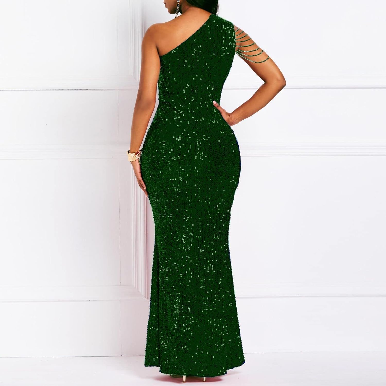 Cololura Women Sequin Elegant Sexy One Shoulder Tassel Mermaid Bodycon Cocktail Evening Dress