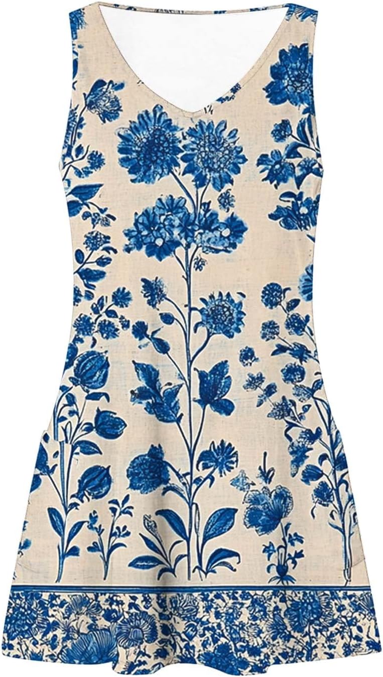 Womens 2025 Spring Summer Dresses Casual Floral Print V-Neck Tank Dress Curve Hem Pleated A-Line Sundresses