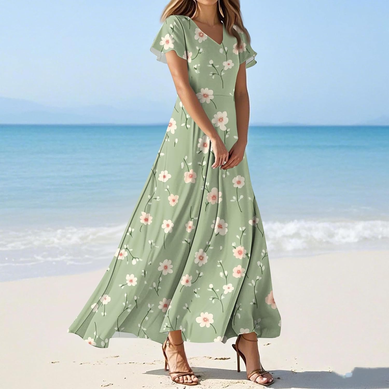 Womens Fashion V Neck Ruffle Short Sleeve Maxi Dress 2025 Summer Elegant Solid Color Flowy A Line Dresses