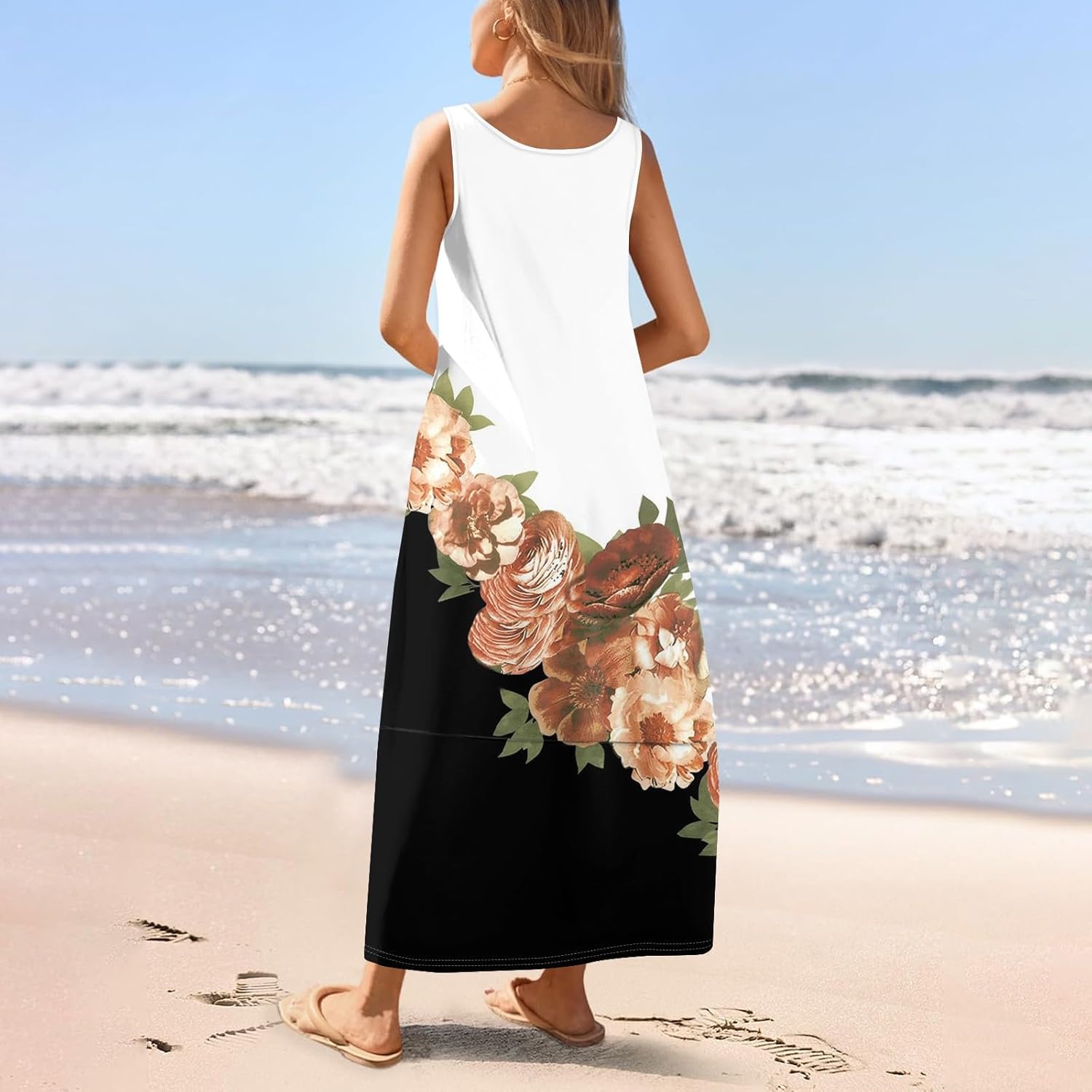 Womens Summer Tank Dress Vacation Boho Floral Long Dresses with Pockets Resort Wear Swing Beach Sleeveless Sundress