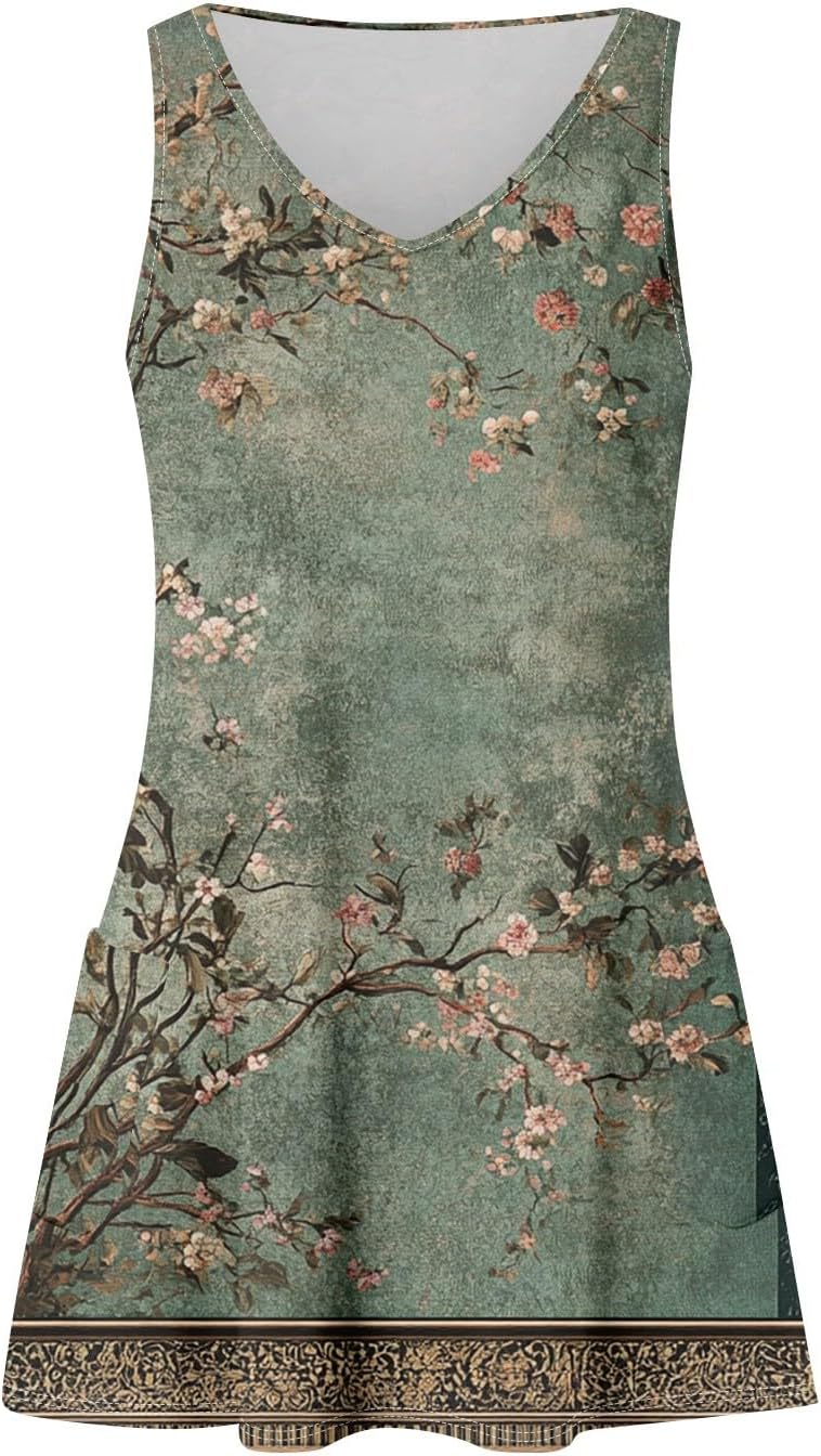 Women's Sleeveless Floral Print Summer Dress Casual V-Neck A-Line Mini Dress for Beach Party and Daily Wear