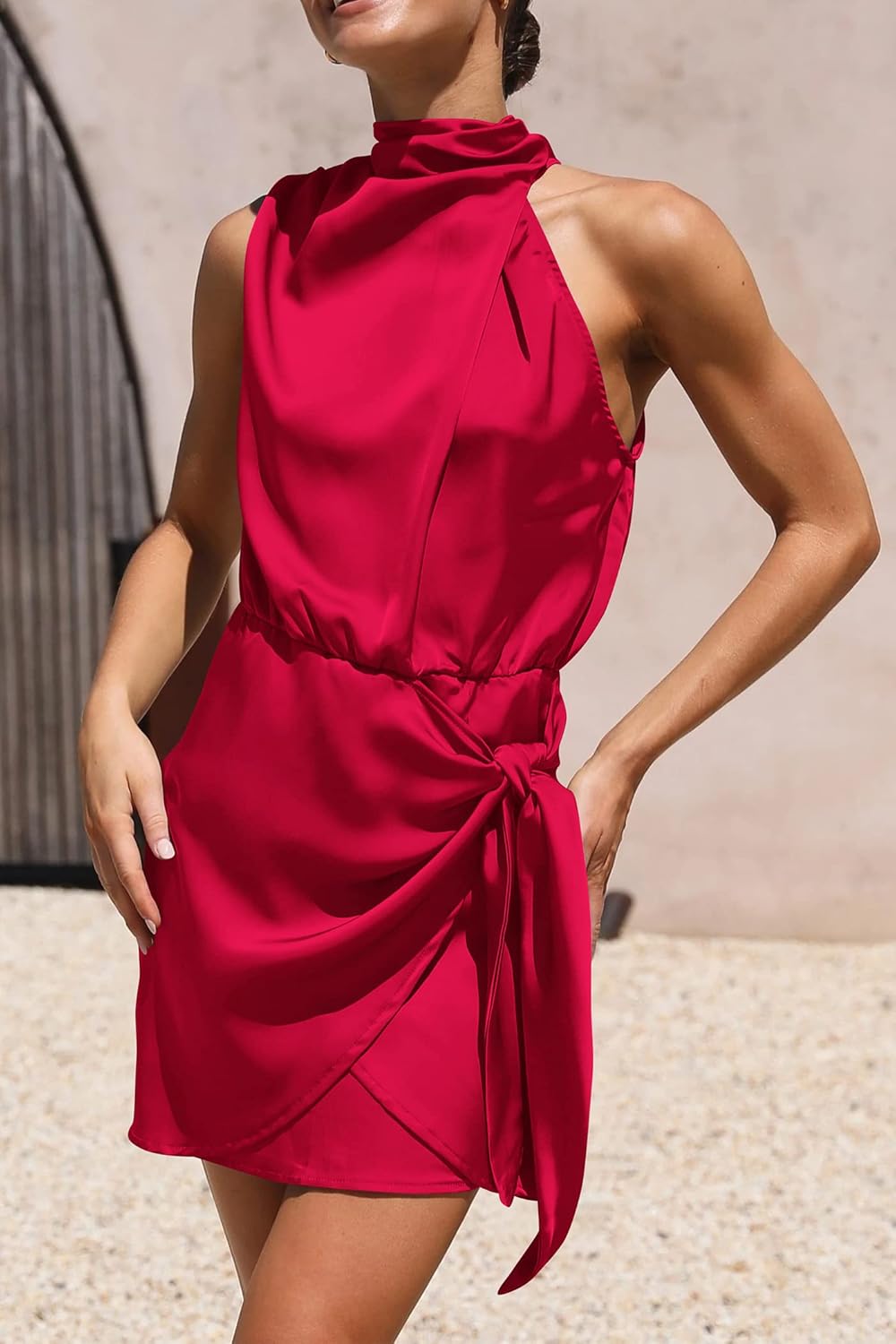PRETTYGARDEN Women's Short Formal Satin Dress Summer Sleeveless Mock Neck Tie Waist Cocktail Party Dresses