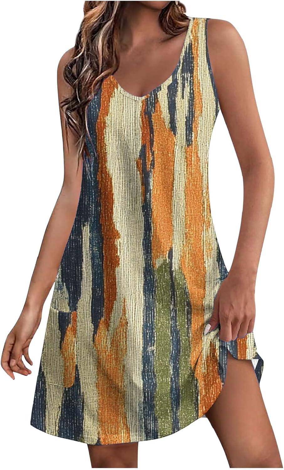 Womens 2025 Spring Summer Dresses Casual Floral Print V-Neck Tank Dress Curve Hem Pleated A-Line Sundresses