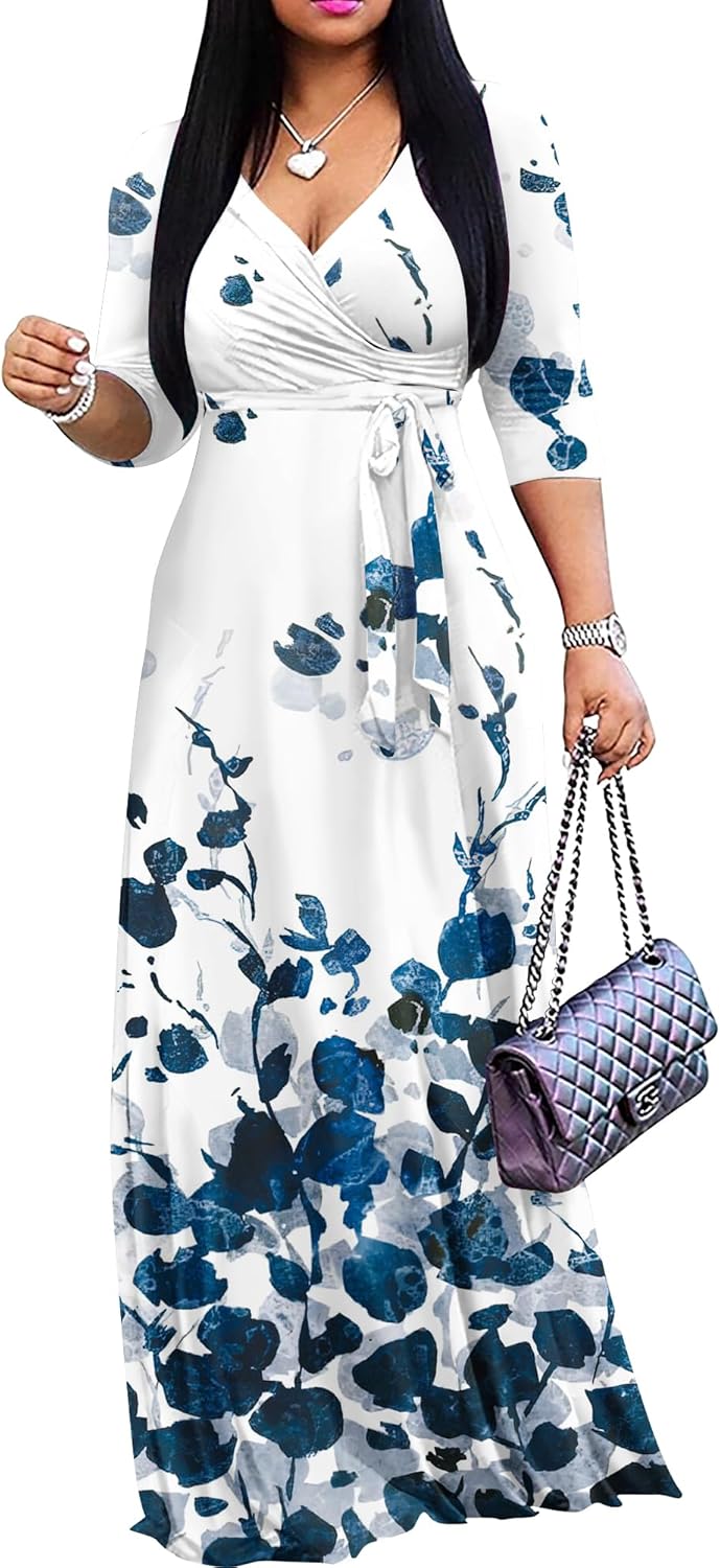 FANDEE Plus Size Maxi Dress for Women Casual Summer Sundress V-Neck 3/4 Sleeve