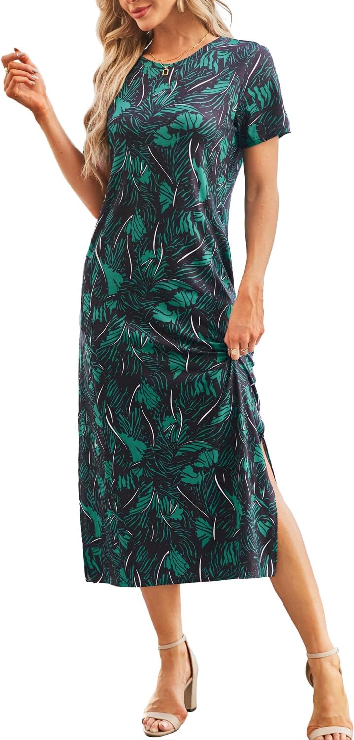 Naggoo Women's Short Sleeve Split Maxi Dress Casual Plain Tie Dye Print Tshirt Long Dresses with Pockets