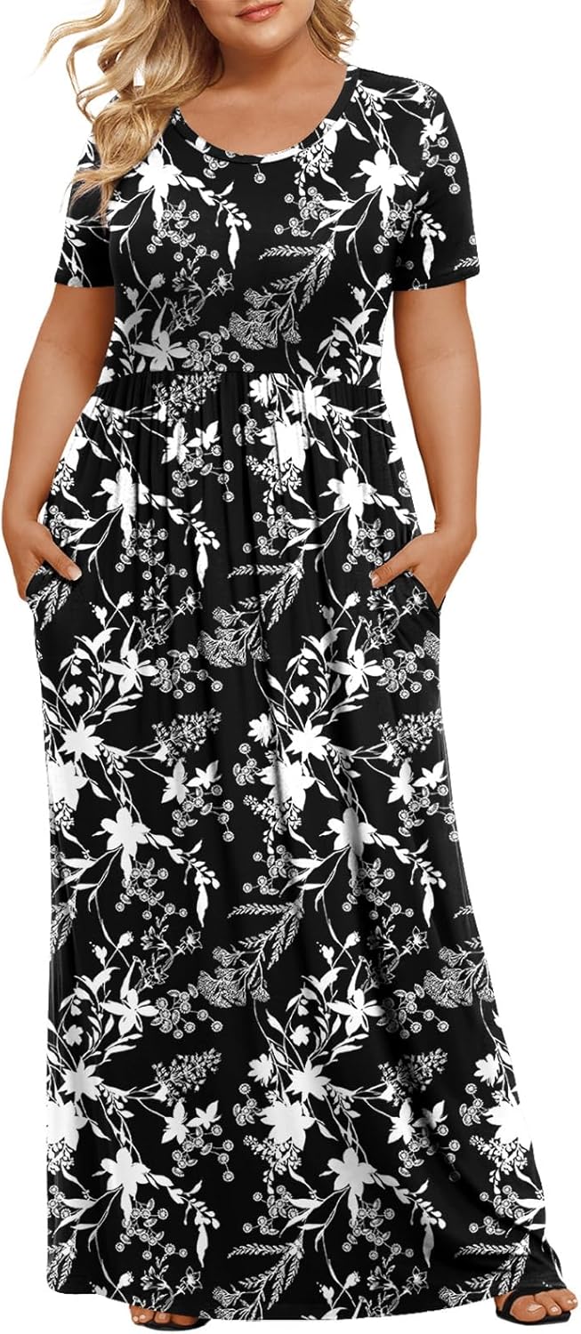 LONGYUAN Women's Plus Size Maxi Dresses for Curvy Women Summer Short Sleeve Casual 2025 Long Dress XL-6XL