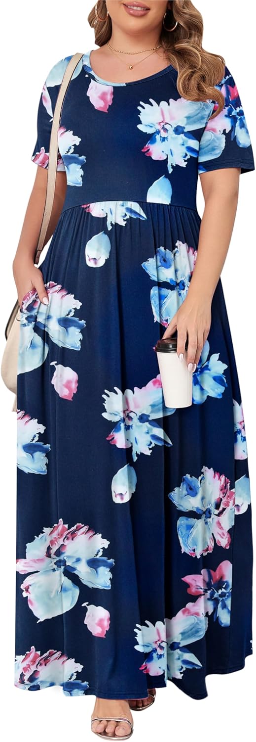 KARALIN Women’s Plus Size Maxi Dresses for Curvy Women Summer Casual Short Sleeve 2025 Long Dress 14W-26W
