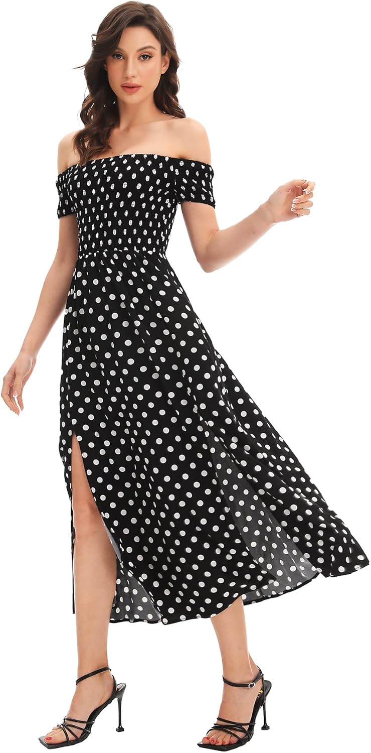 Floerns Women's Boho Floral Print Off Shoulder Split Long A Line Dress
