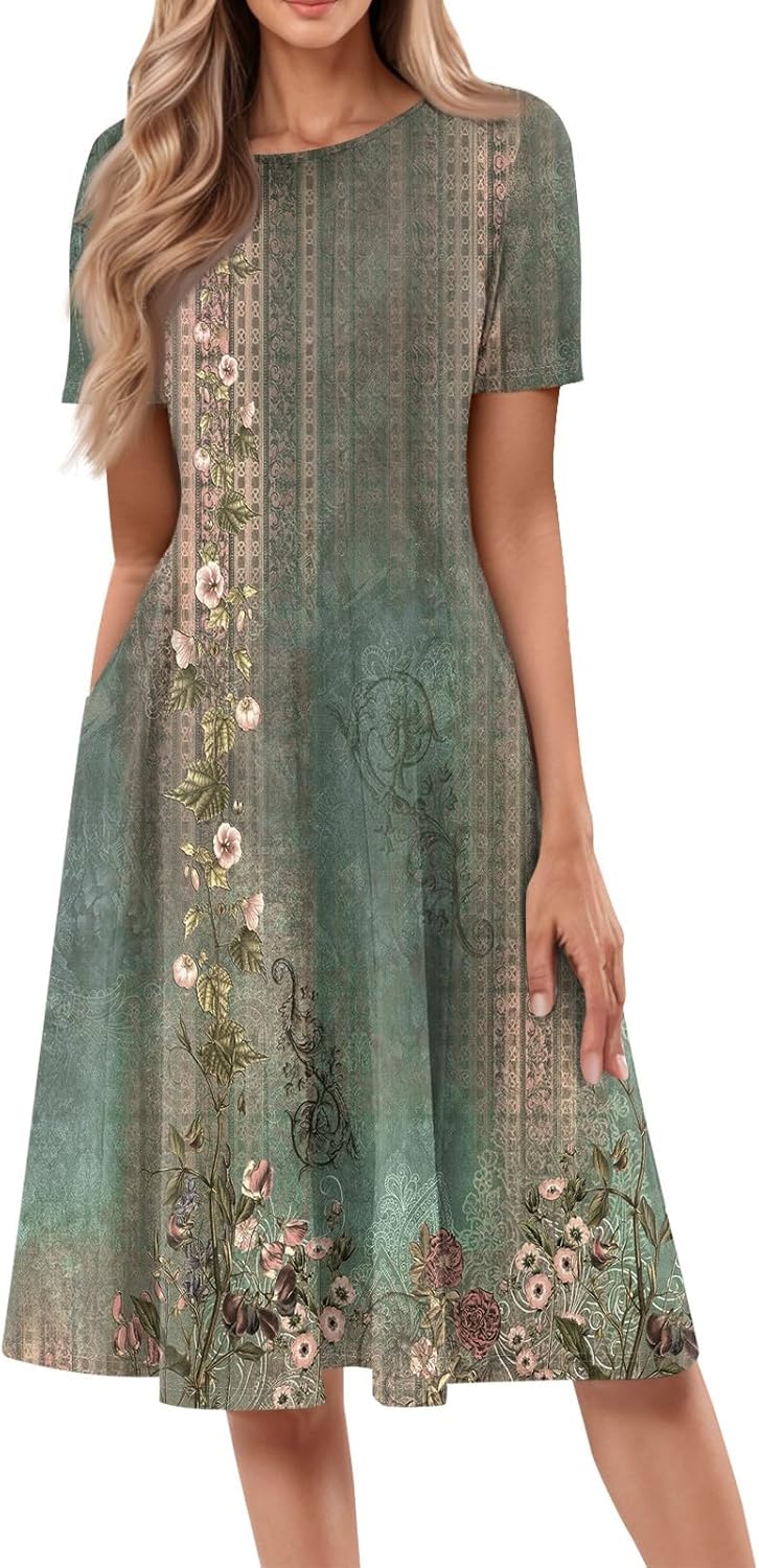 Summer Dresses for Women 2025 Crew Neck Short Sleeve Boho Beach Vacation Floral/Solid Midi Sundresses with Pockets