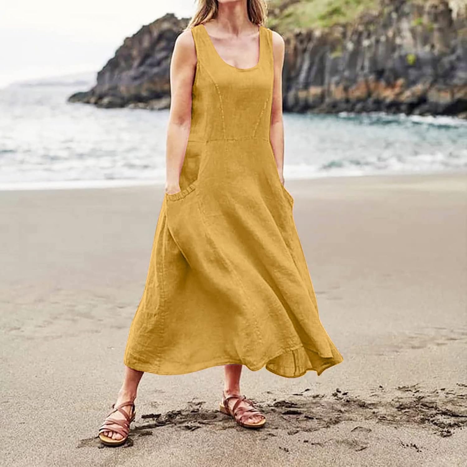 Women's Casual Sleeveless Dresses, Cotton Linen Pocket Dresses Summer Dresses for Women 2024 Sundresses Beach Dress