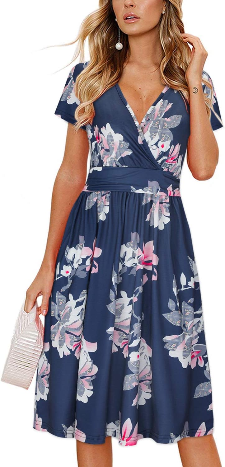 OUGES Women's Summer Short Sleeve V-Neck Floral Short Party Dress with Pockets