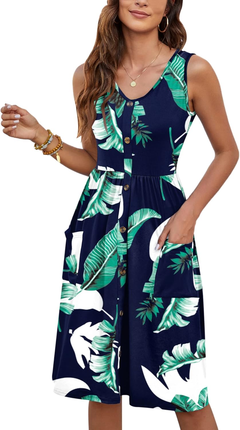 MOLERANI Women Summer Dresses Sleeveless Casual Loose Swing Button Down Midi Dress with Pockets