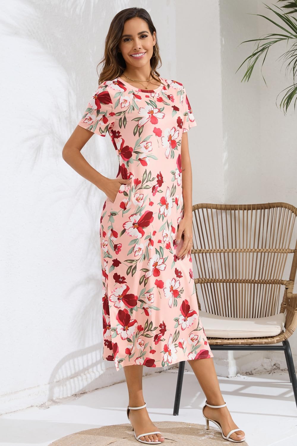 Naggoo Women's Short Sleeve Split Maxi Dress Casual Plain Tie Dye Print Tshirt Long Dresses with Pockets