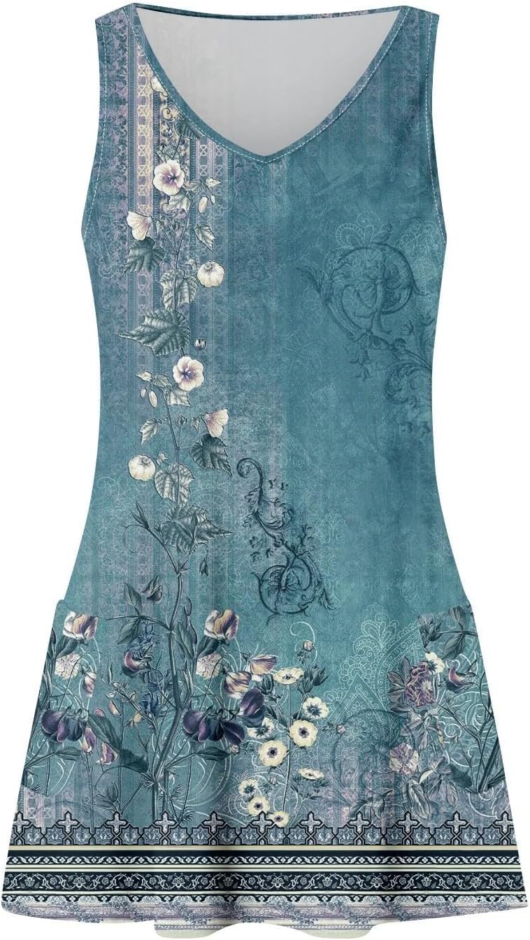 Women's Summer Dresses 2025 Beach Casual Sleeveless Floral Print Boho Tank Dress V Neck Ruffle Dresses
