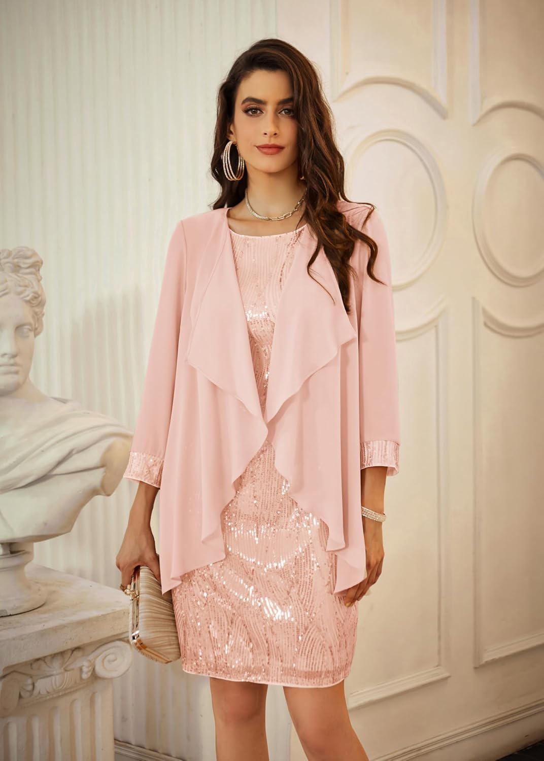 GRACE KARIN Sequin Dress for Women Knee Length Mother of the Bride Dresses Formal Dress Two Piece Dress with Chiffon Jacket