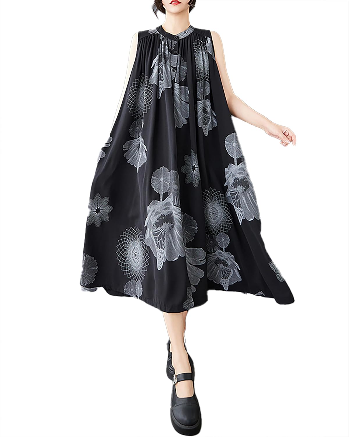 ellazhu Women's Shirt Dress Crewneck Sleeveless Two Side Pockets Patterned Flowy Hem Casual GZ399