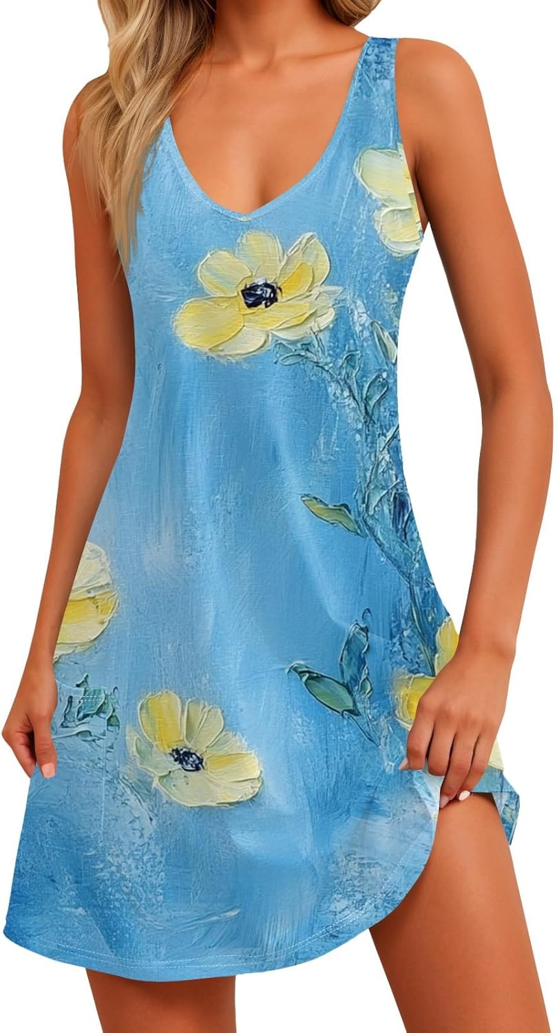 Women's Sleeveless Floral Print Summer Dress Casual V-Neck A-Line Mini Dress for Beach Party and Daily Wear