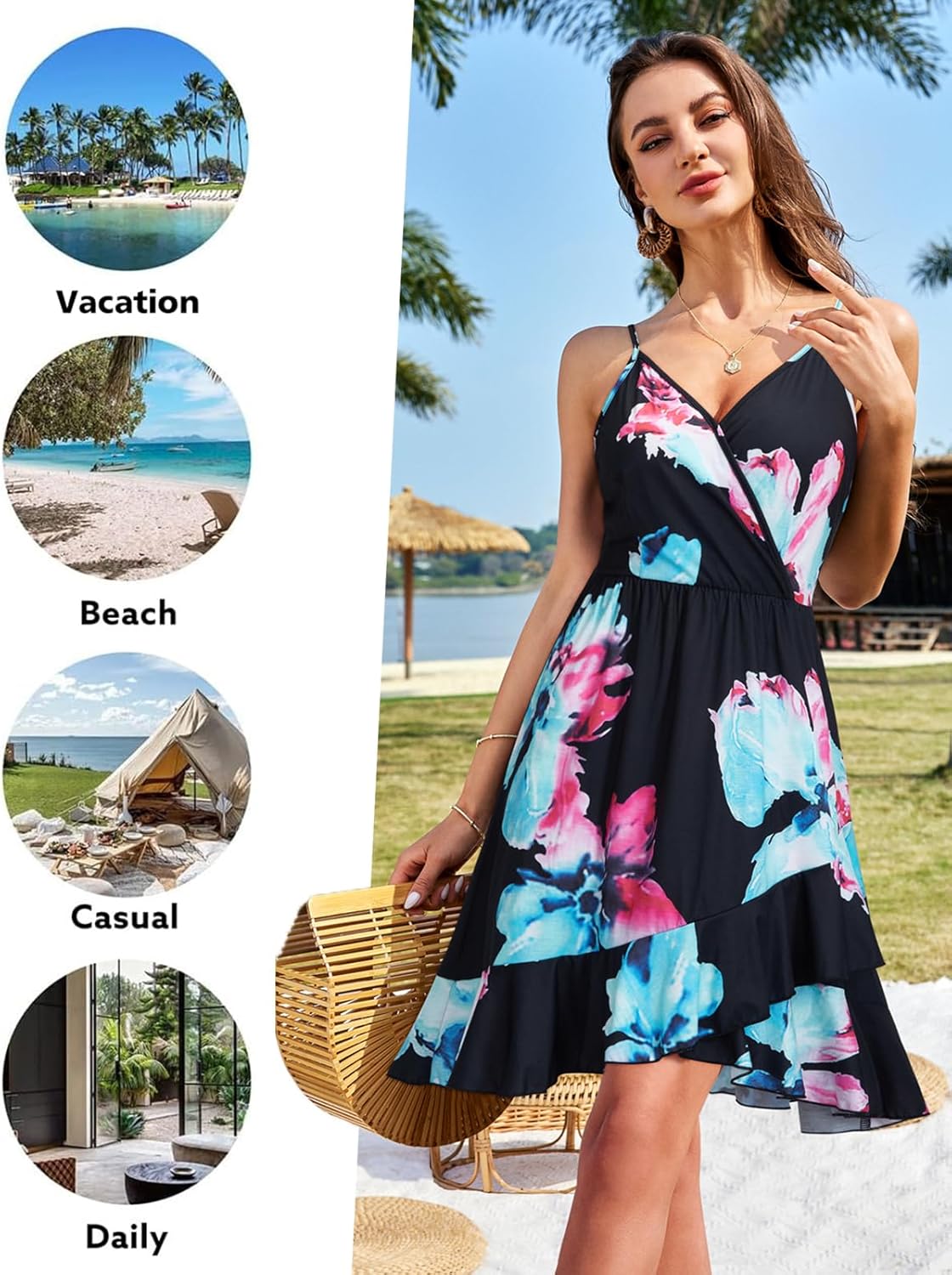 ULTRANICE Womens Summer Dresses Floral V Neck Ruffled Hem Spaghetti Spring Casual Beach Outfits Flowy Wrap Sun Dress