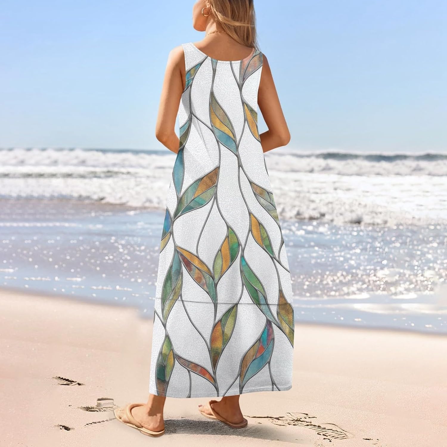 Womens Summer Tank Dress Vacation Boho Floral Long Dresses with Pockets Resort Wear Swing Beach Sleeveless Sundress