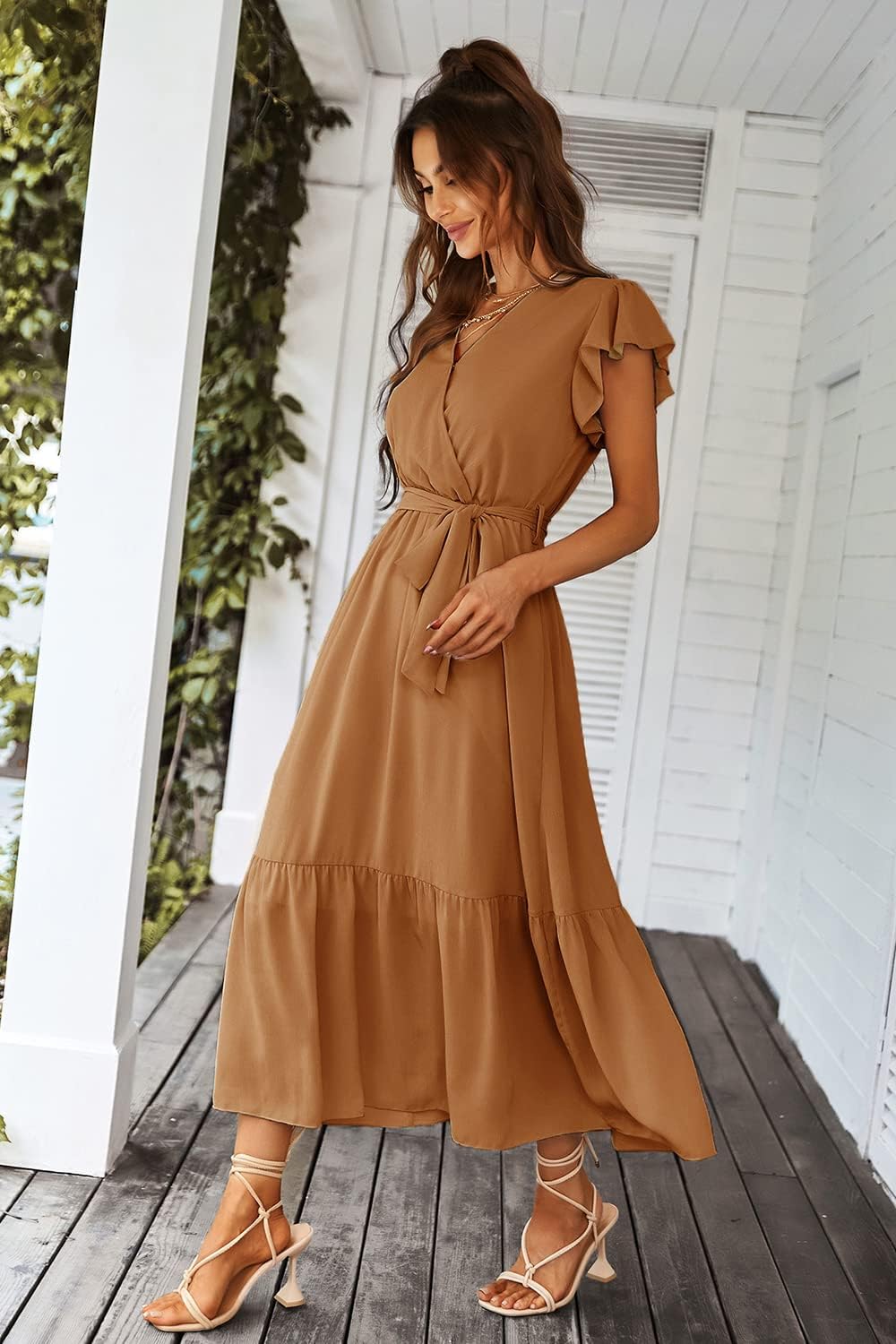 PRETTYGARDEN Women's Summer Floral Boho Dress Wrap V Neck Short Sleeve Ruffle A-Line Flowy Maxi Wedding Guest Dresses