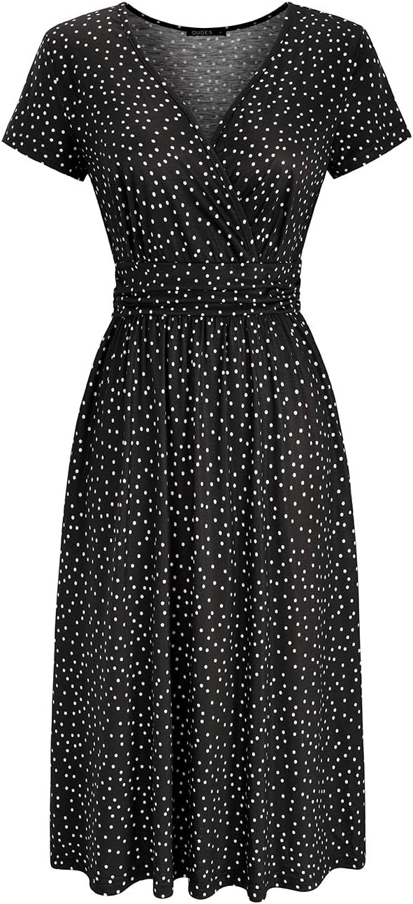 OUGES Women's Summer Short Sleeve V-Neck Floral Short Party Dress with Pockets
