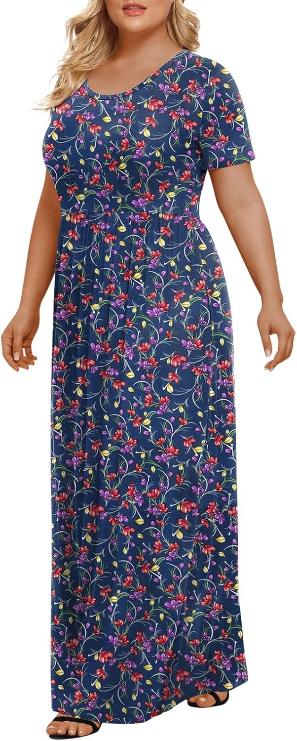 LONGYUAN Women's Plus Size Maxi Dresses for Curvy Women Summer Short Sleeve Casual 2025 Long Dress XL-6XL