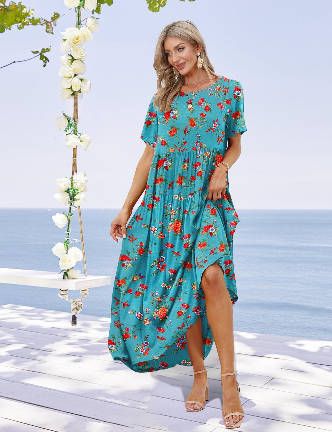 YESNO Women Casual Loose Bohemian Floral Dress with Pockets Short Sleeve Long Maxi Summer Beach Swing Dress EJF