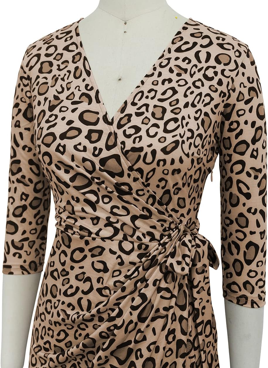 Berydress Women's Classic 3/4 Sleeve V Neck Sheath Casual Party Work Faux Black Wrap Dress