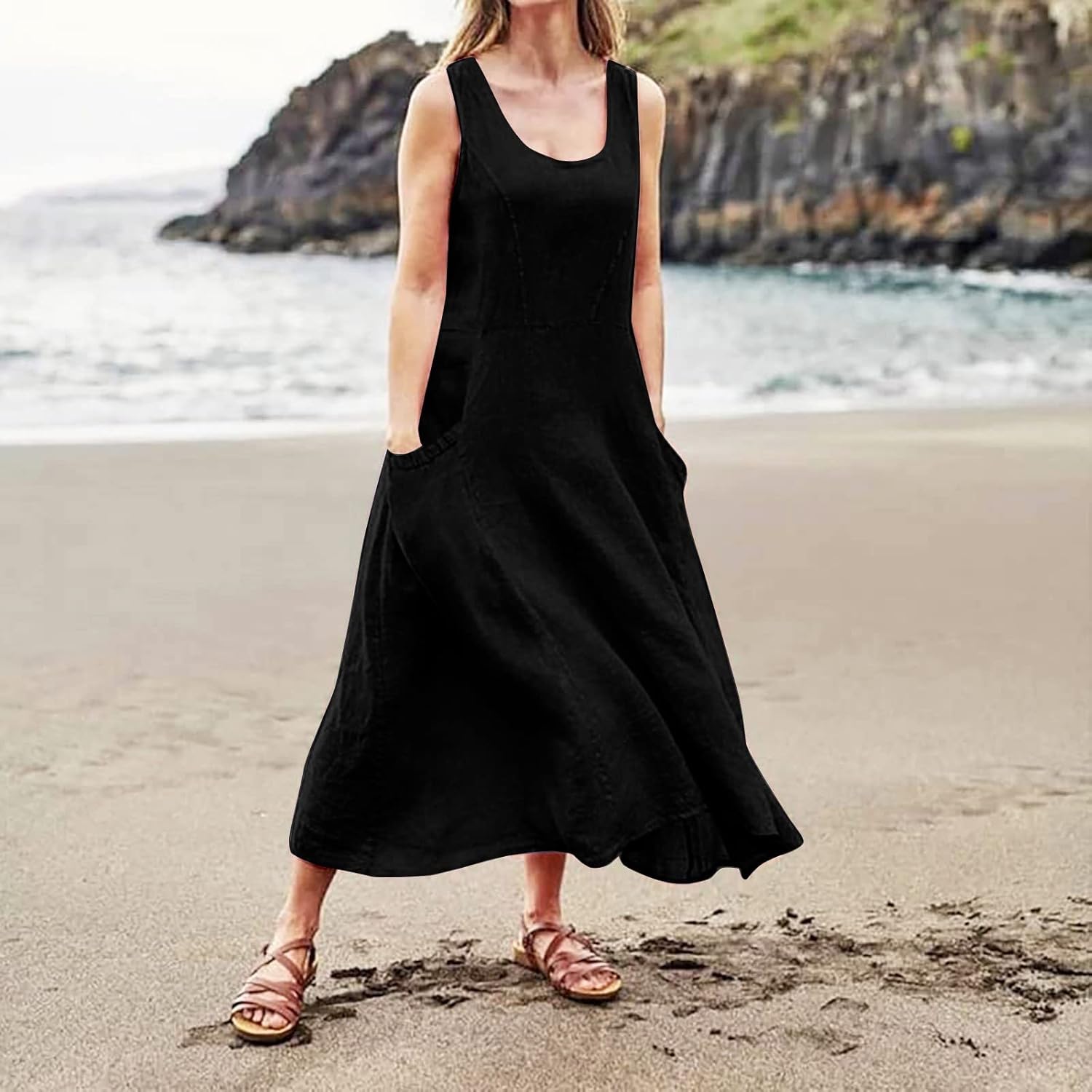 Women's Casual Sleeveless Dresses, Cotton Linen Pocket Dresses Summer Dresses for Women 2024 Sundresses Beach Dress