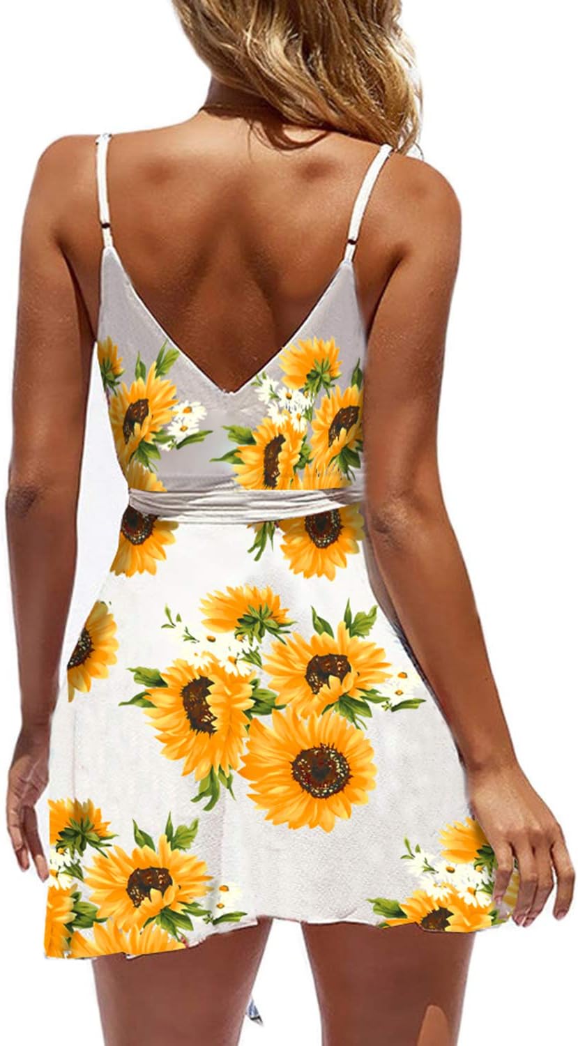 ECOWISH Summer Dresses for Women 2025 V-Neck Spaghetti Strap Bowknot Backless Sleeveless Lace Mini Swing Skater Dress