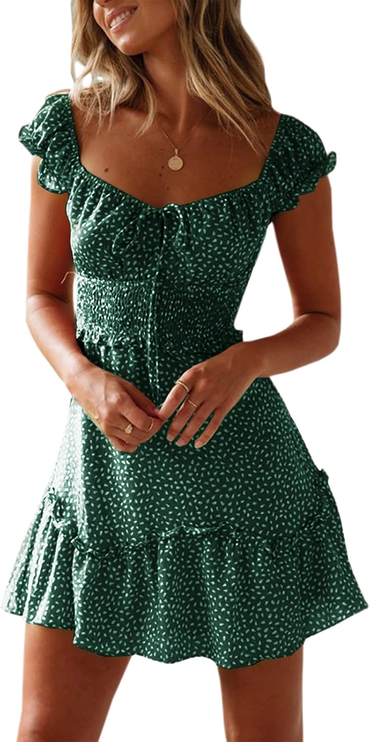 YOBECHO Women's Summer Ruffle Sleeve Sweetheart Neckline Printing Dress Mini Dress