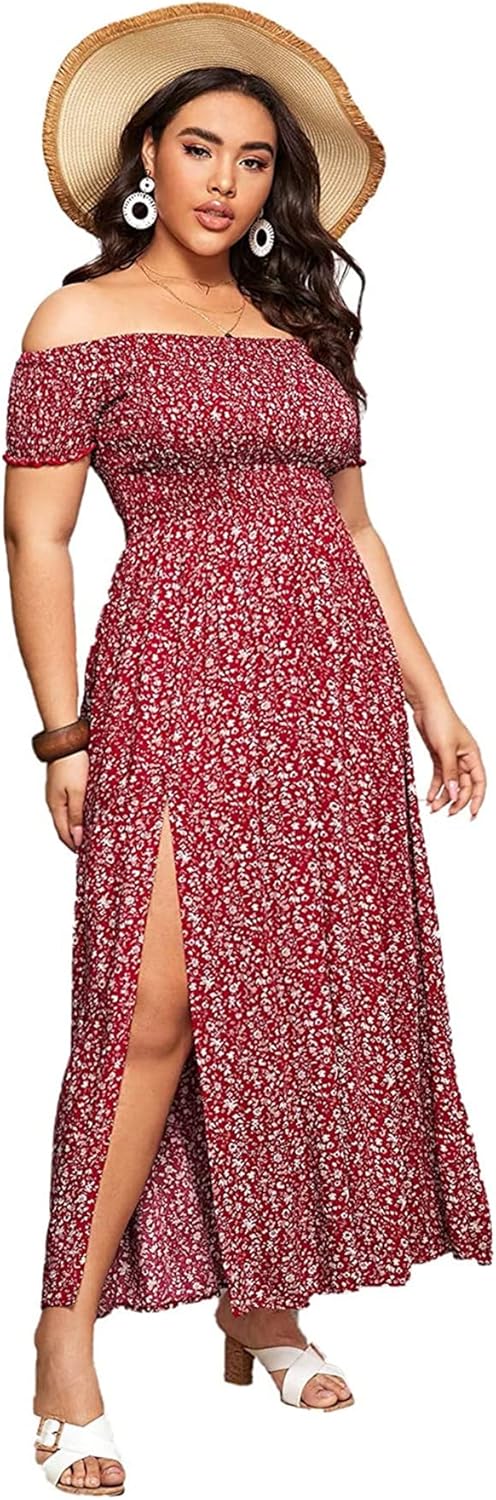 Floerns Women's Boho Floral Print Off Shoulder Split Long A Line Dress