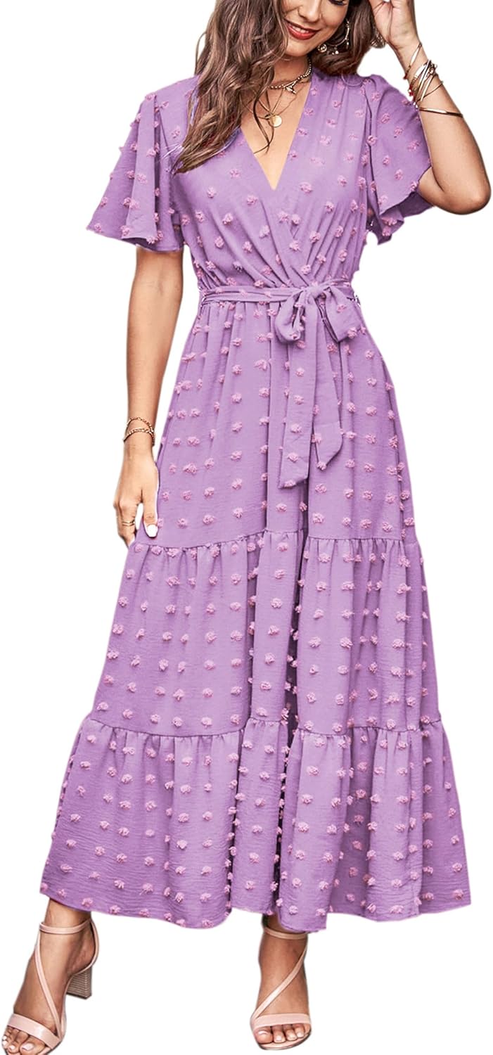 MASCOMODA Womens Boho Swiss Dot Maxi Dresses Wrap V Neck Flutter Short Sleeve Solid Tie Belt A Line Tiered Flowy Long Dress