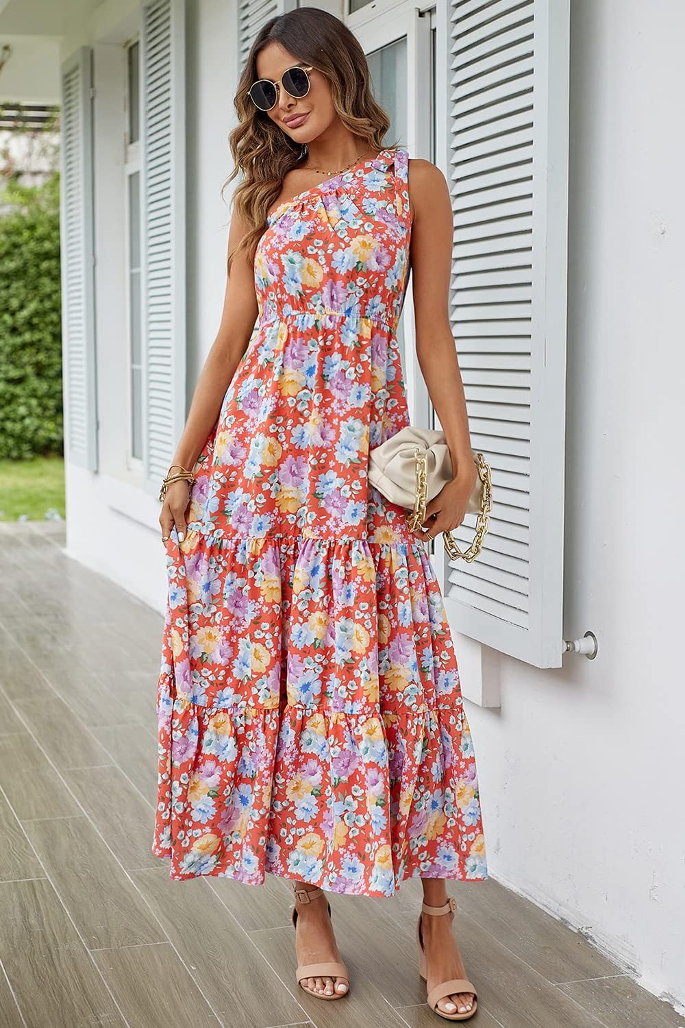 PRETTYGARDEN Women's Summer Floral Maxi Dress Knot One Shoulder Sleeveless Ruffle Flowy Boho Beach Wedding Guest Dresses