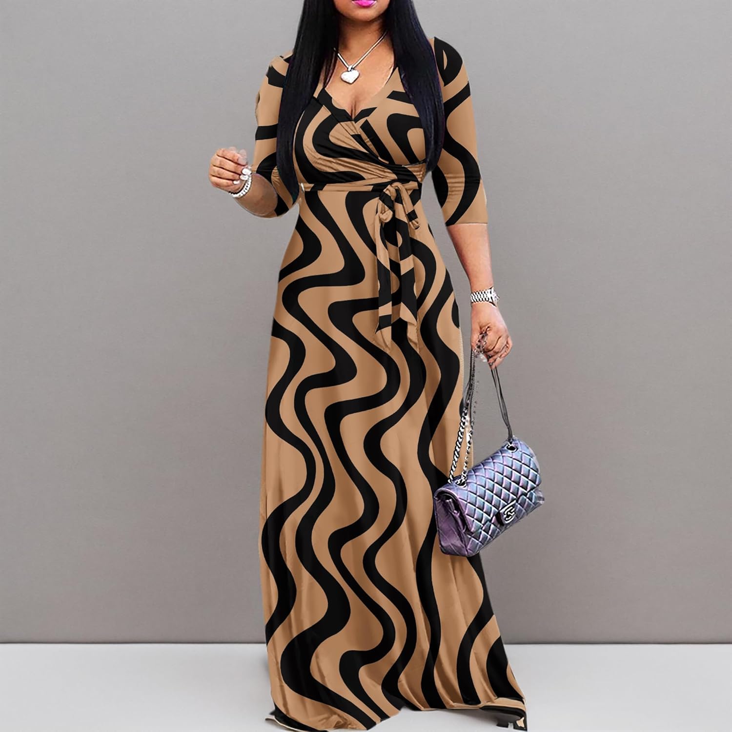 FANDEE Plus Size Maxi Dress for Women Casual Summer Sundress V-Neck 3/4 Sleeve