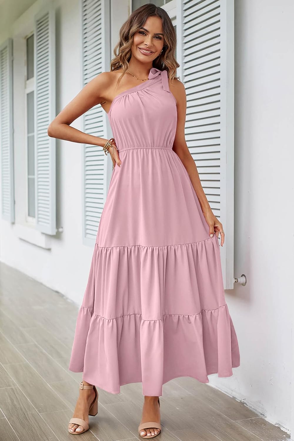 PRETTYGARDEN Women's Summer Floral Maxi Dress Knot One Shoulder Sleeveless Ruffle Flowy Boho Beach Wedding Guest Dresses