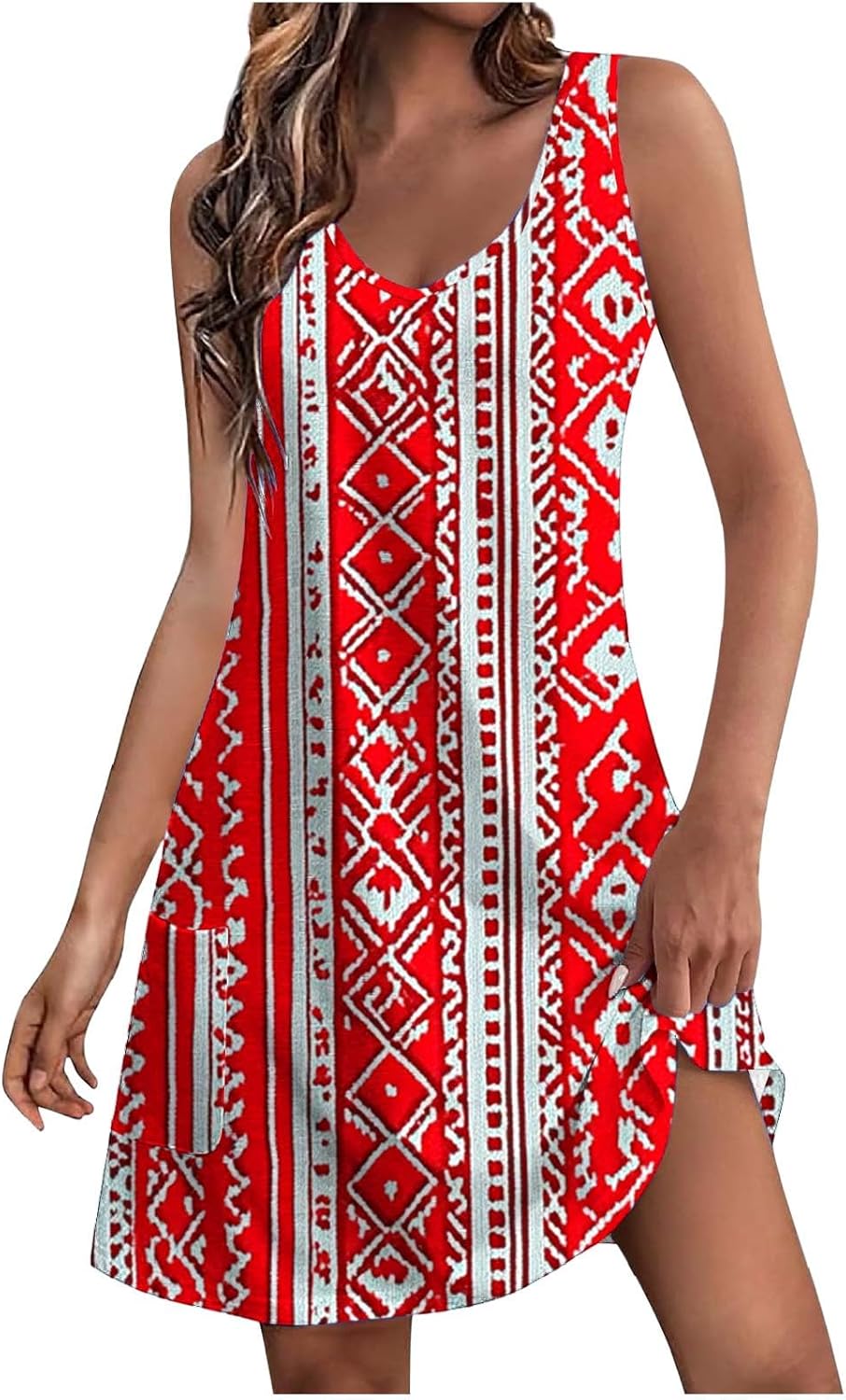Womens 2025 Spring Summer Dresses Casual Floral Print V-Neck Tank Dress Curve Hem Pleated A-Line Sundresses
