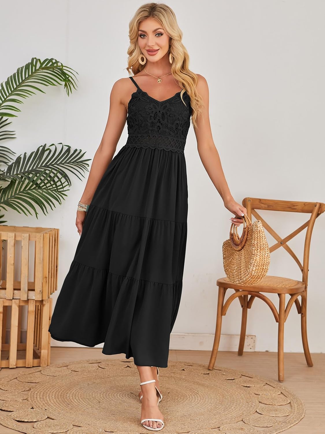 Dokuritu Women's Beach Crochet Lace Maxi Dress Solid Color Summer Vacation Spaghetti Strap Long Dress 2024