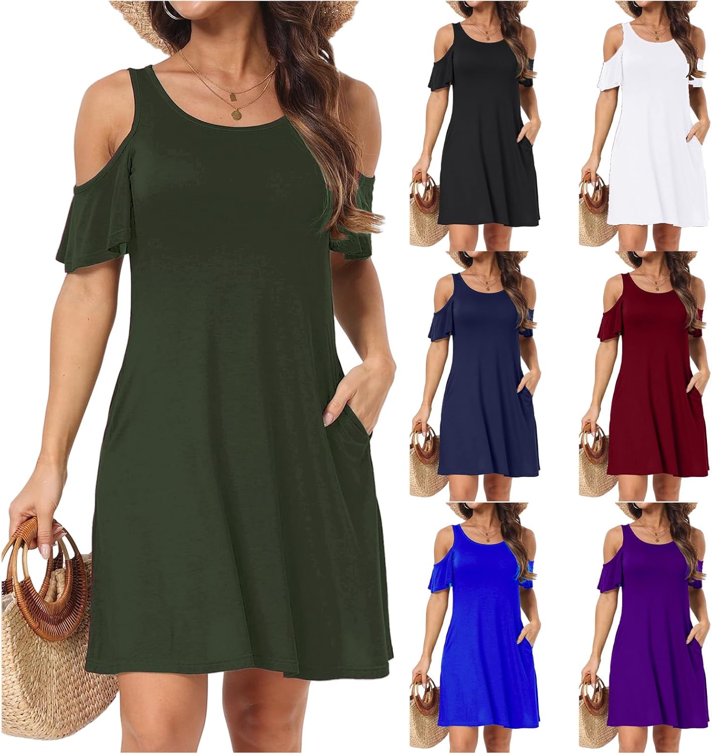Short/Long Sleeve Women's Plus Size Sun Dresses Cold Shoulder Dress with Pockets Casual Swing T-Shirt Dresses