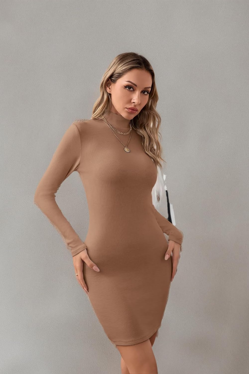 VICHYIE Women Mock Neck Ribbed Bodycon Dress Long Sleeve Mini Pencil Dresses