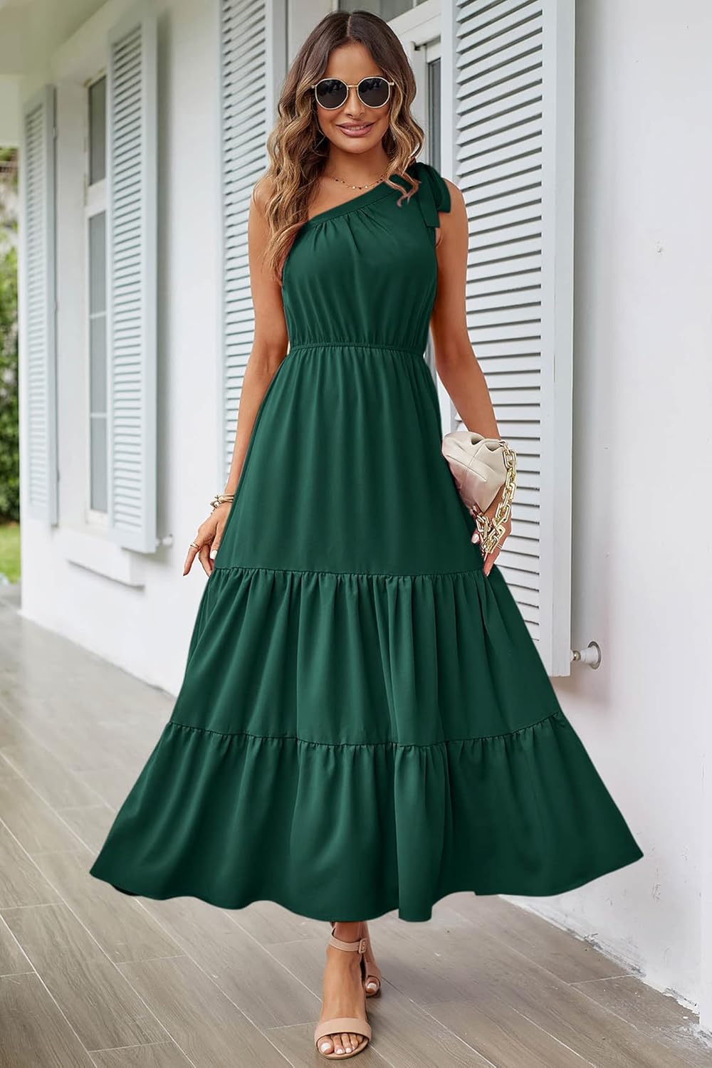 PRETTYGARDEN Women's Summer Floral Maxi Dress Knot One Shoulder Sleeveless Ruffle Flowy Boho Beach Wedding Guest Dresses