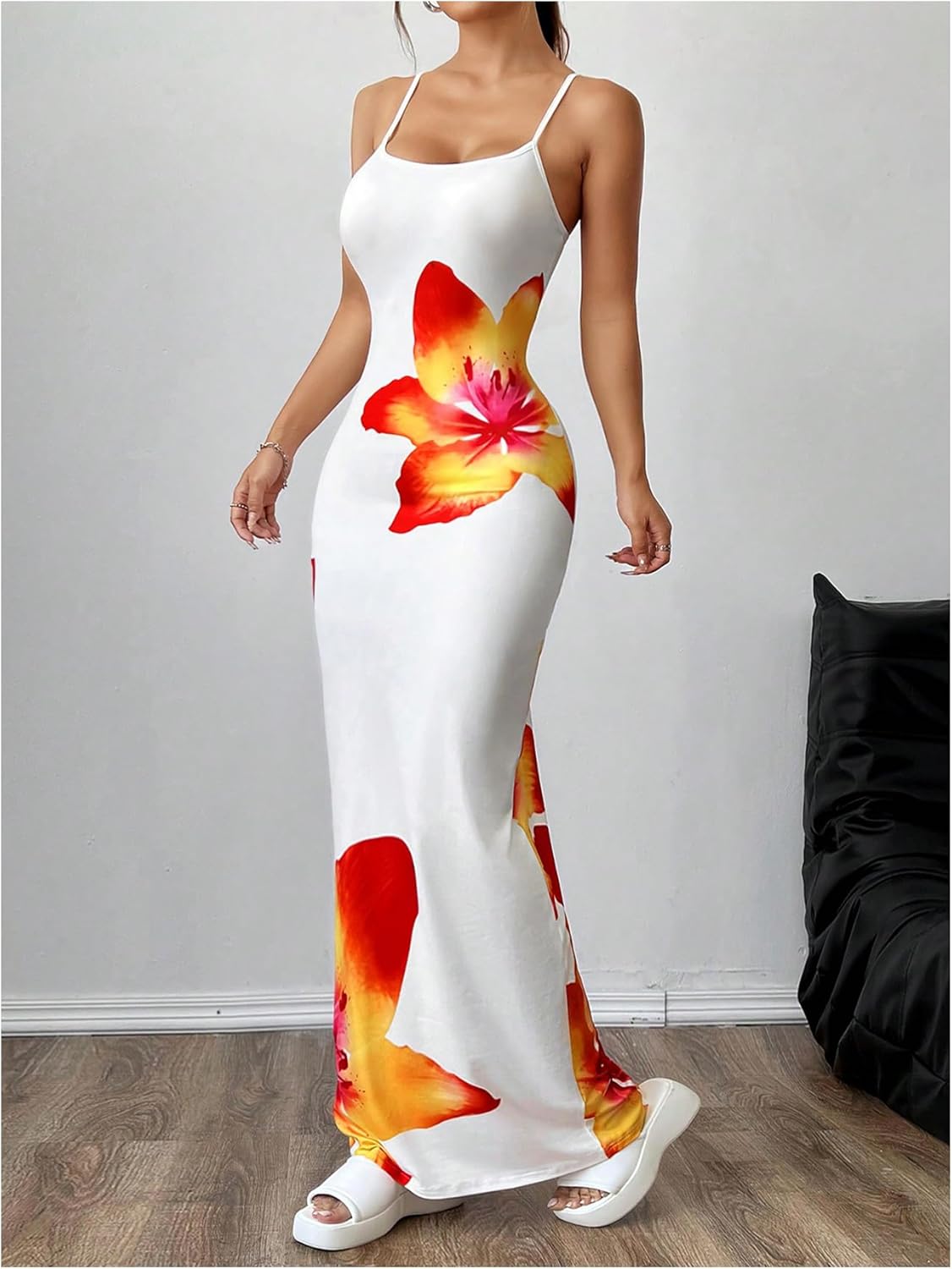 Verdusa Women's Floral Sun Maxi Bodycon Dresse Summer Starfish Dress White