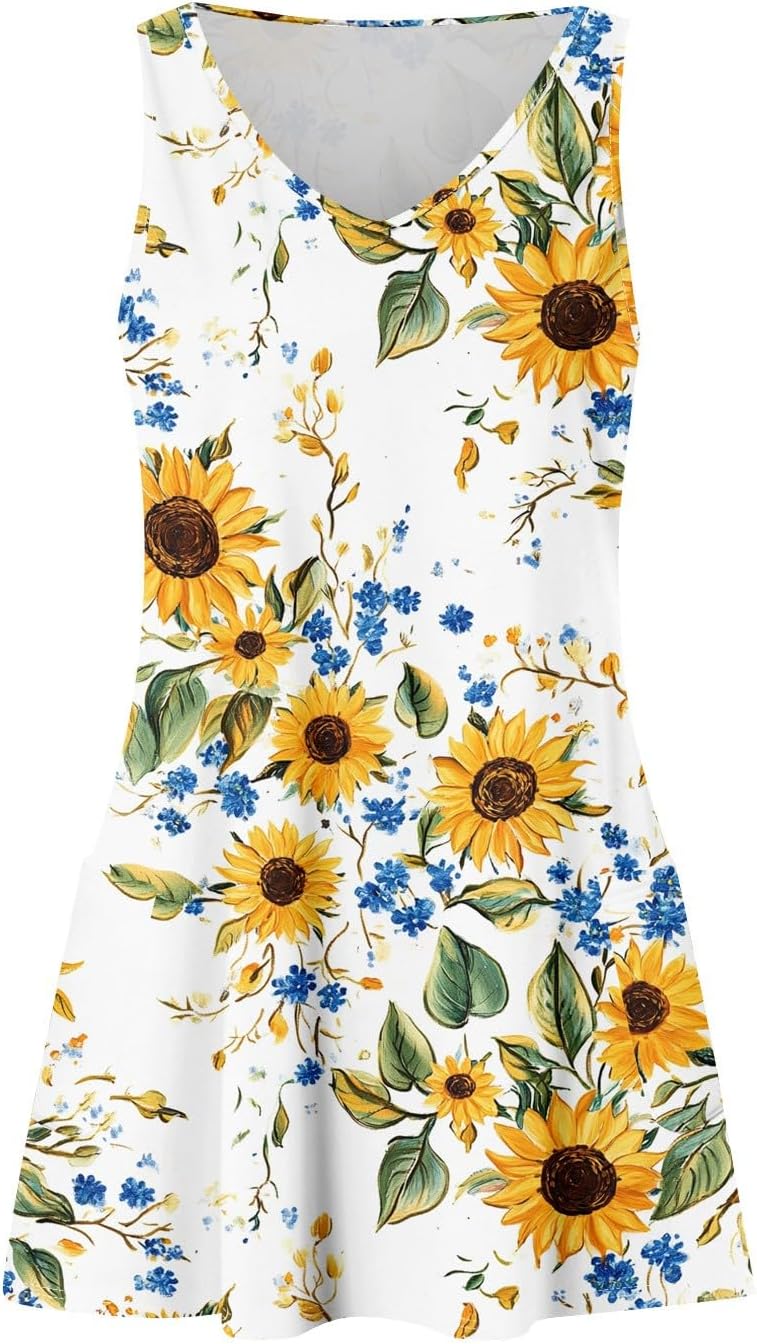 Women's Sleeveless Floral Print Summer Dress Casual V-Neck A-Line Mini Dress for Beach Party and Daily Wear