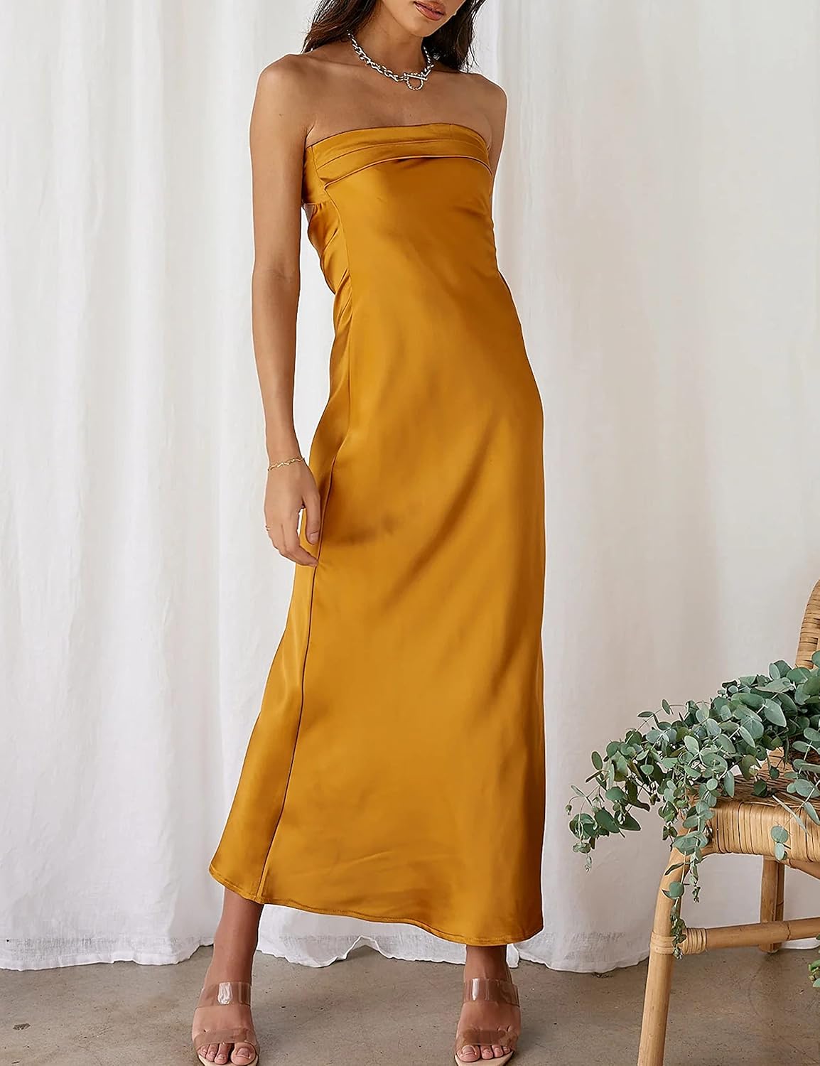 Realtix Satin Silk Backless Tube Tops Maxi Dress for Women Low Back Hollow Out Elegant Strapless Long Dresses Wedding Guest