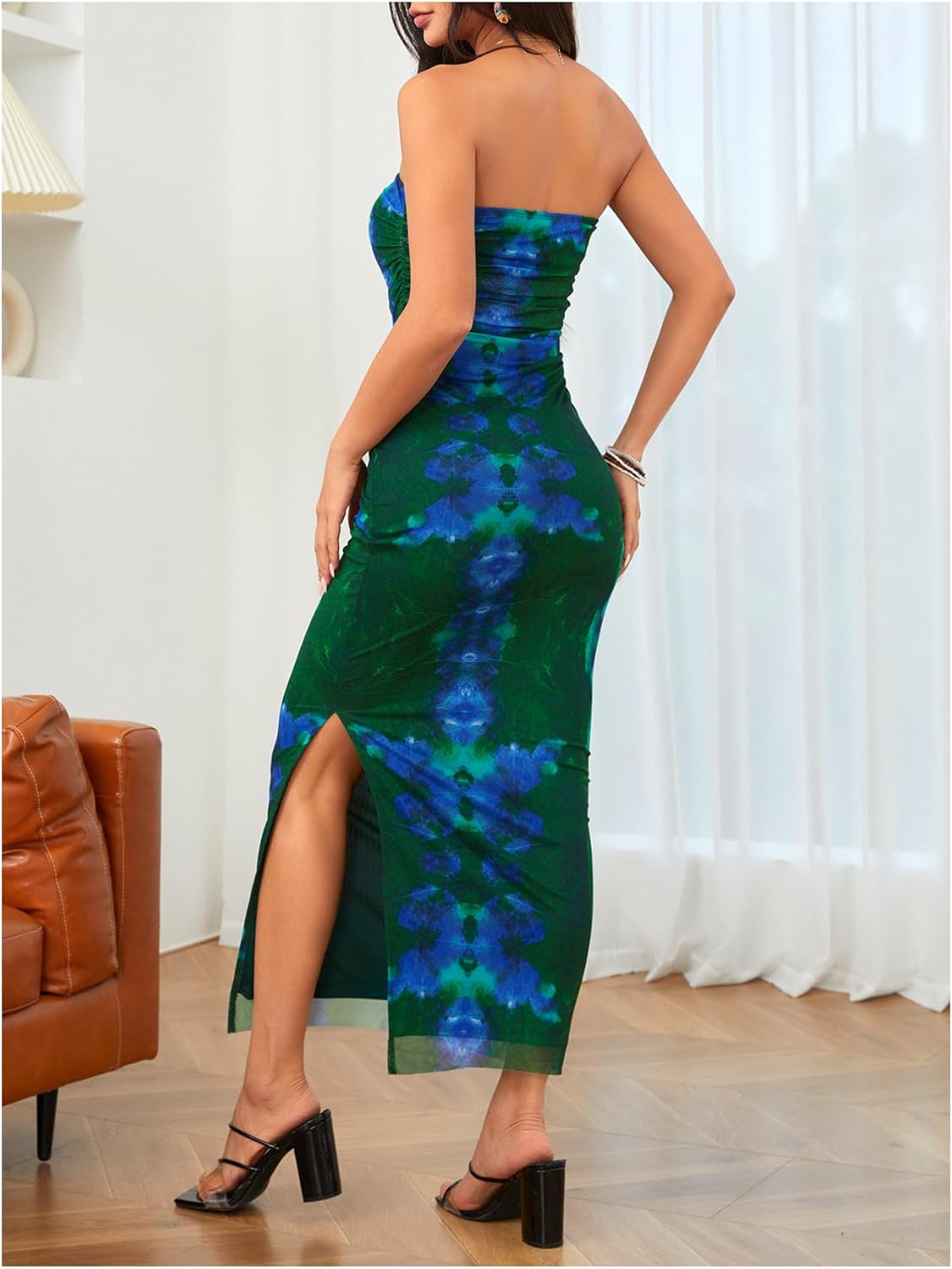 Milumia Women's Printed Strapless Tube Top Long Dress Slit Hem Sleeveless Bodycon Maxi Dresses