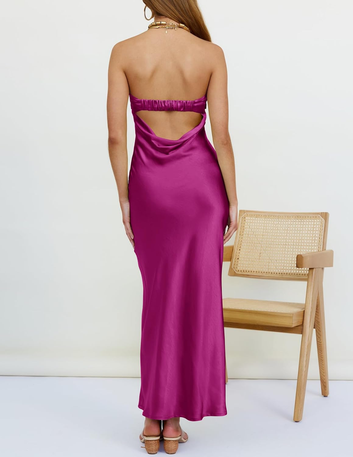 MEROKEETY Women 2025 Summer Strapless Satin Tube Bodycon Backless Wedding Guest Maxi Dress