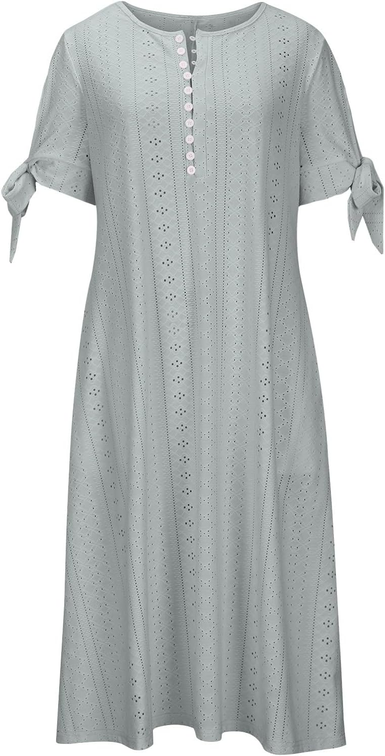 Boho Dresses for Women 2024 Fashion Summer Short Sleeve Eyelet Notch V Neck Sundress Beach Casual Maxi Long Dress