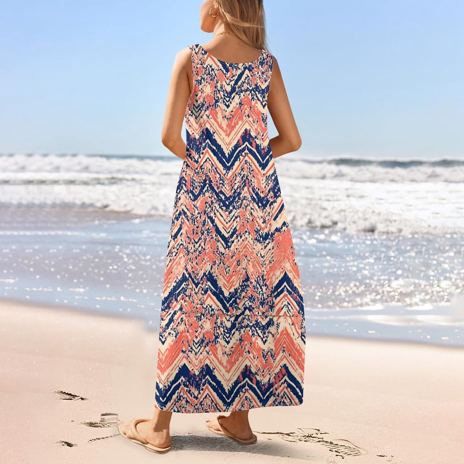 Womens Summer Tank Dress Vacation Boho Floral Long Dresses with Pockets Resort Wear Swing Beach Sleeveless Sundress
