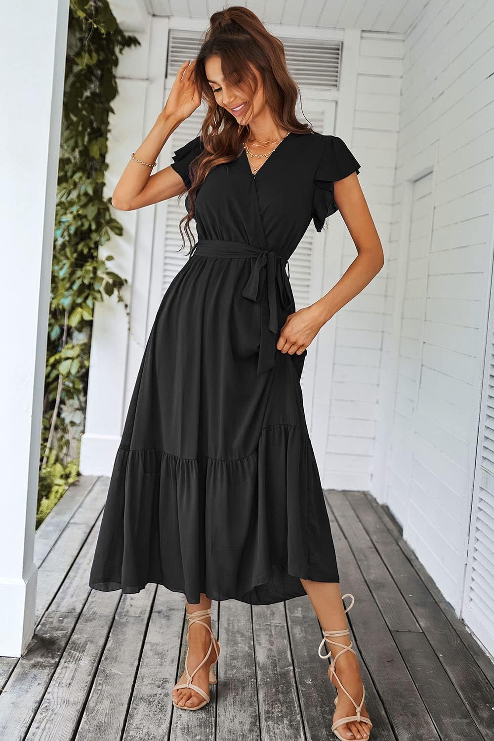 PRETTYGARDEN Women's Summer Floral Boho Dress Wrap V Neck Short Sleeve Ruffle A-Line Flowy Maxi Wedding Guest Dresses